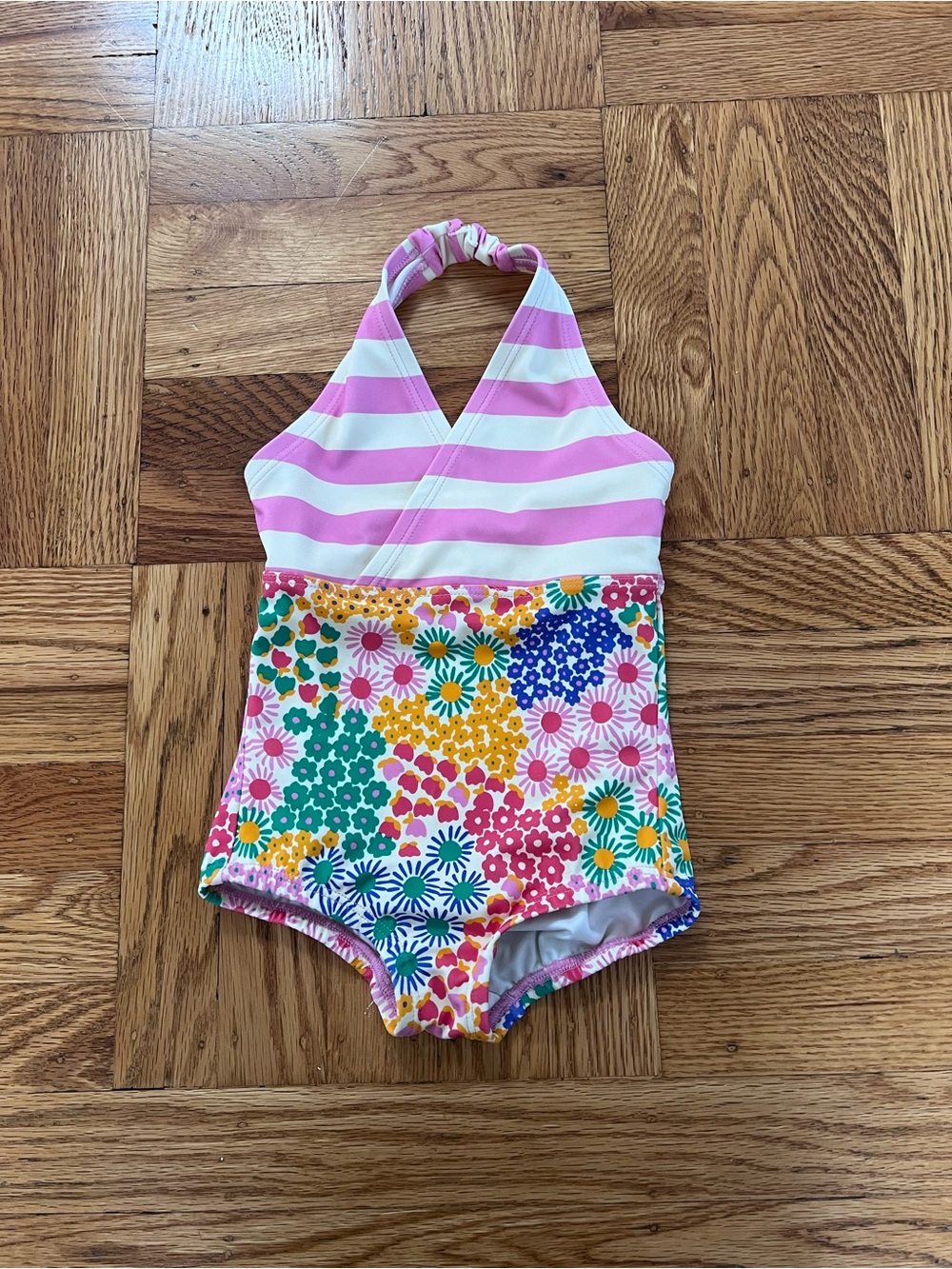 NWOT Hanna Andersson 2T Girls Pink Stripe & Floral Halter One-Piece Swimsuit